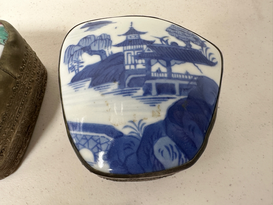 (2) Chinese Porcelain Topped Boxes and (1) Chinese Cloisonné Butterfly Box [Photo 6]