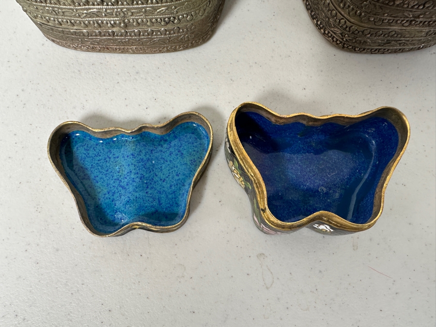 (2) Chinese Porcelain Topped Boxes and (1) Chinese Cloisonné Butterfly Box [Photo 4]
