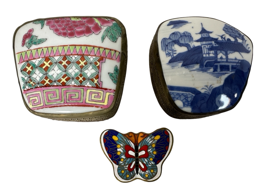 (2) Chinese Porcelain Topped Boxes and (1) Chinese Cloisonné Butterfly Box