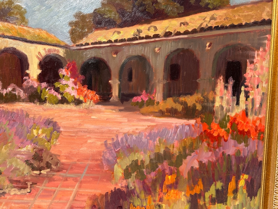 Just Added - Stunning Original Oil Painting On Canvas Of Mission San Juan Capistrano Signed Lower Right And Signed Verso Signature Illegible - Artist Was Featured On A Southwest Arts Festival In Indio Poster 48 X 36 Framed  [Photo 6]