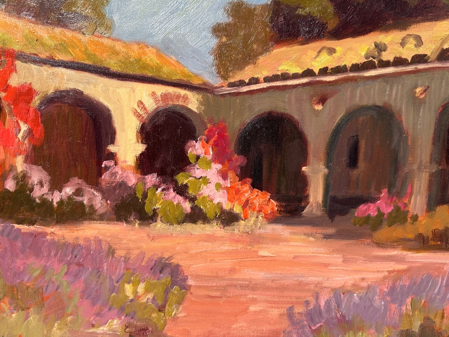 Just Added - Stunning Original Oil Painting On Canvas Of Mission San Juan Capistrano Signed Lower Right And Signed Verso Signature Illegible - Artist Was Featured On A Southwest Arts Festival In Indio Poster 48 X 36 Framed  [Photo 4]