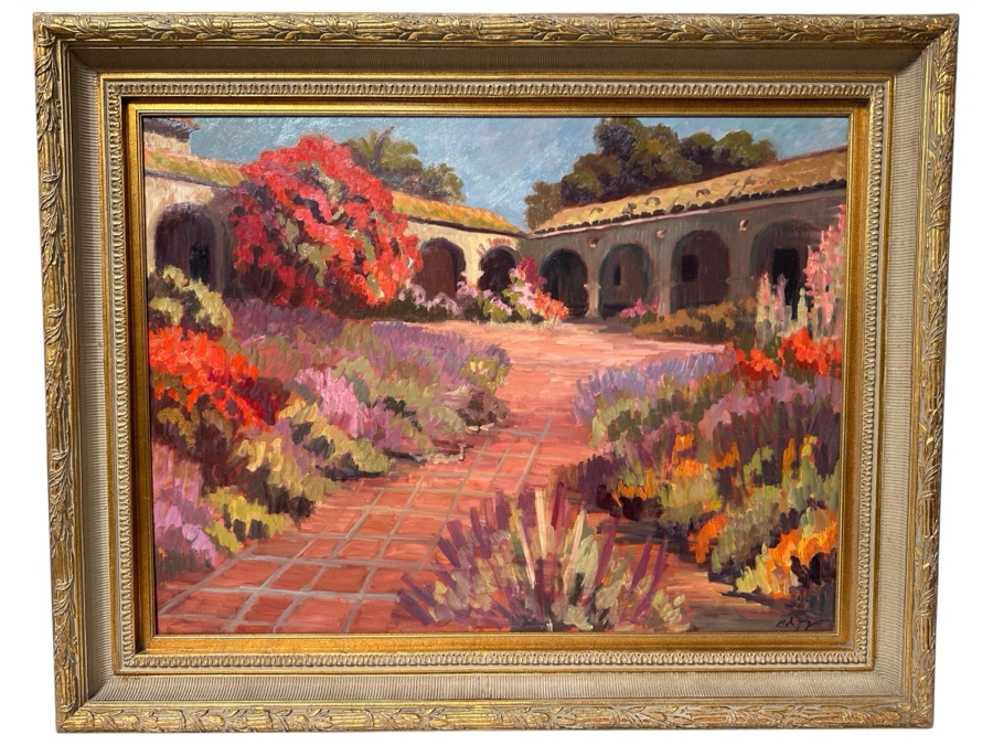 Just Added - Stunning Original Oil Painting On Canvas Of Mission San Juan Capistrano Signed Lower Right And Signed Verso Signature Illegible - Artist Was Featured On A Southwest Arts Festival In Indio Poster 48 X 36 Framed  [Photo 2]