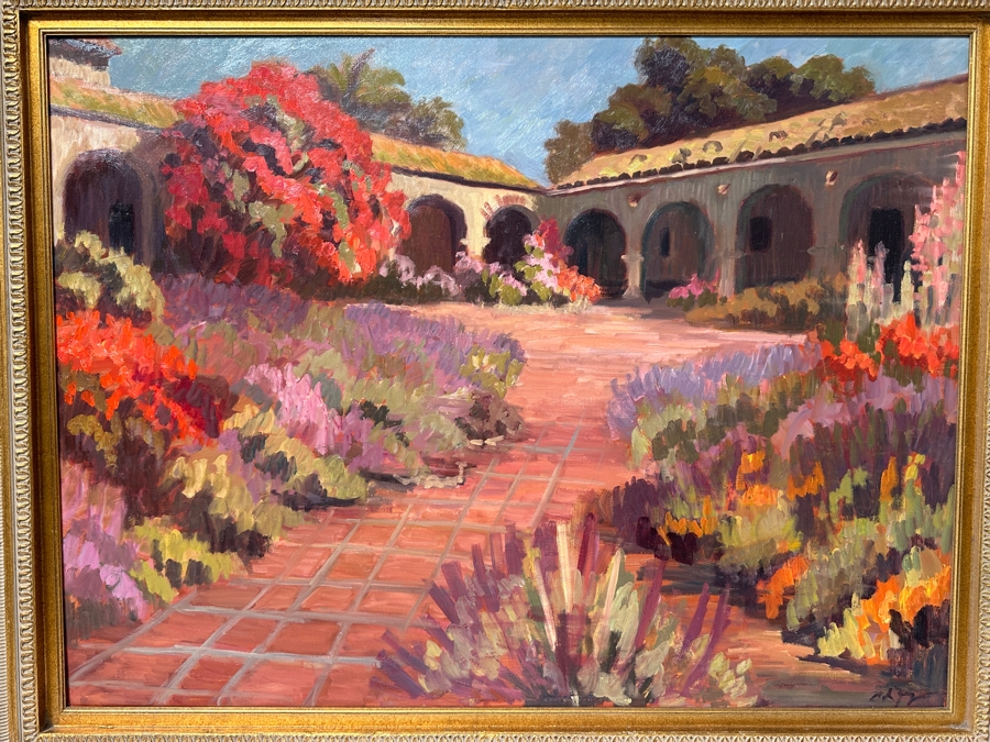Just Added - Stunning Original Oil Painting On Canvas Of Mission San Juan Capistrano Signed Lower Right And Signed Verso Signature Illegible - Artist Was Featured On A Southwest Arts Festival In Indio Poster 48 X 36 Framed 