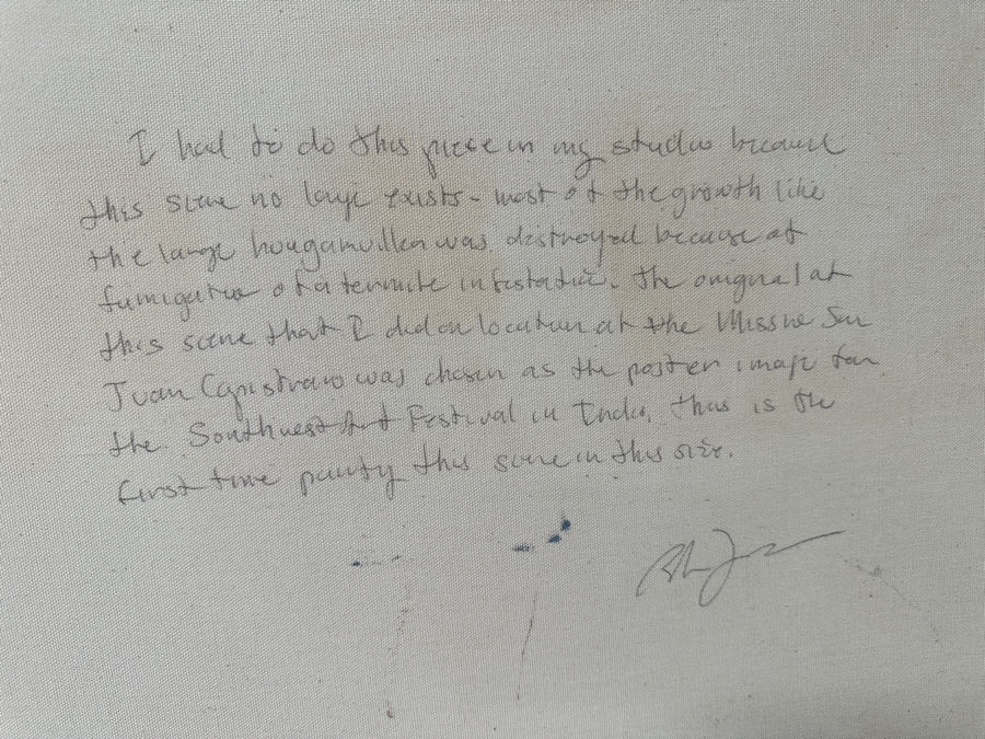 Just Added - Stunning Original Oil Painting On Canvas Of Mission San Juan Capistrano Signed Lower Right And Signed Verso Signature Illegible - Artist Was Featured On A Southwest Arts Festival In Indio Poster 48 X 36 Framed  [Photo 12]