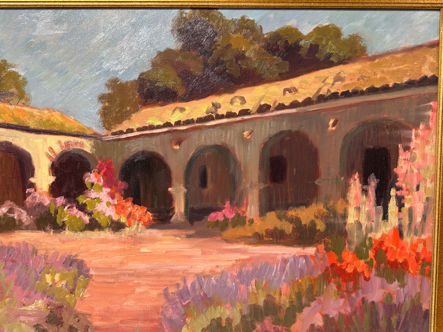 Just Added - Stunning Original Oil Painting On Canvas Of Mission San Juan Capistrano Signed Lower Right And Signed Verso Signature Illegible - Artist Was Featured On A Southwest Arts Festival In Indio Poster 48 X 36 Framed  [Photo 7]