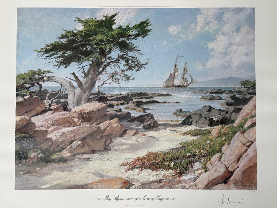 Just Added - John Stobart Artist Hand Signed Limited Edition Print Titled 'The Brig Pilgrim Entering Monterey Bay In 1835' Numbered 662 Of 750 Published By Maritime Heritage Prints 1987 22.5 X 17