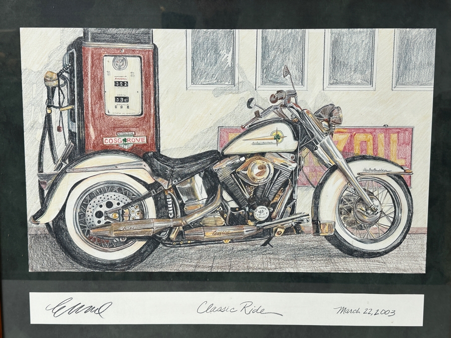 Just Added - Original Artist Signed Harley-Davidson Colored Pencil Drawing Titled 'Classic Ride' And Dated March 22, 2003 Signed Lower Left 24 X 18 Framed 33 X 27