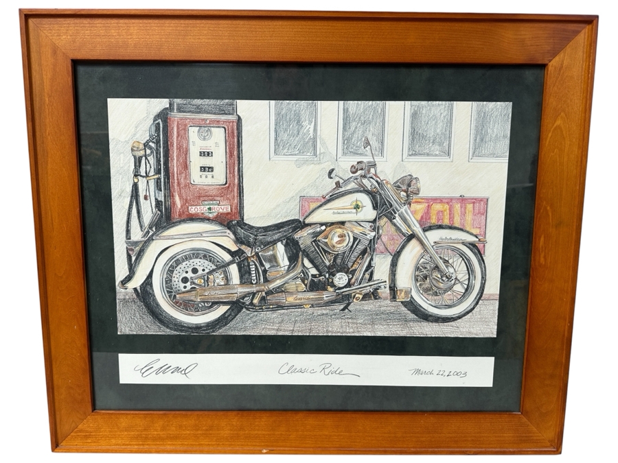 Just Added - Original Artist Signed Harley-Davidson Colored Pencil Drawing Titled 'Classic Ride' And Dated March 22, 2003 Signed Lower Left 24 X 18 Framed 33 X 27 [Photo 2]