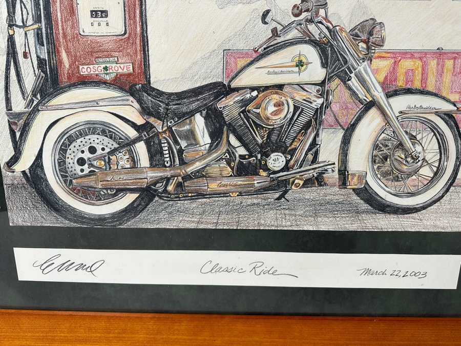Just Added - Original Artist Signed Harley-Davidson Colored Pencil Drawing Titled 'Classic Ride' And Dated March 22, 2003 Signed Lower Left 24 X 18 Framed 33 X 27 [Photo 7]