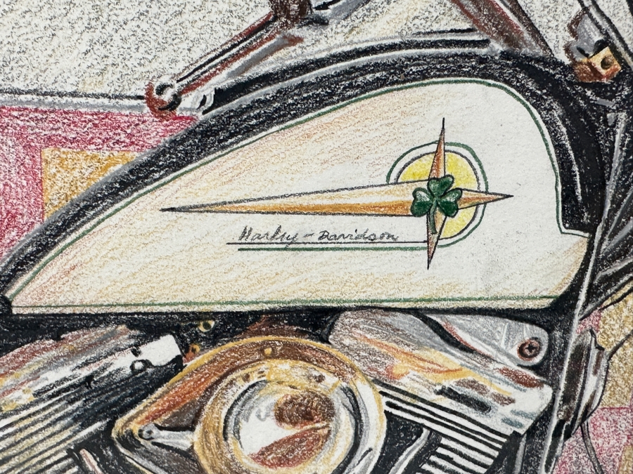 Just Added - Original Artist Signed Harley-Davidson Colored Pencil Drawing Titled 'Classic Ride' And Dated March 22, 2003 Signed Lower Left 24 X 18 Framed 33 X 27 [Photo 3]