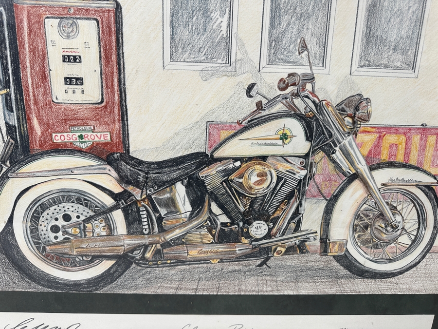 Just Added - Original Artist Signed Harley-Davidson Colored Pencil Drawing Titled 'Classic Ride' And Dated March 22, 2003 Signed Lower Left 24 X 18 Framed 33 X 27 [Photo 4]