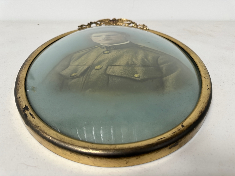 Just Added - Original World War I (WW1) Portrait Drawing Of A Military Soldier With Convex Glass Gilt Metal Frame Crowned By An American Eagle With Shield And Ribbon Motif 14W X 22H [Photo 6]