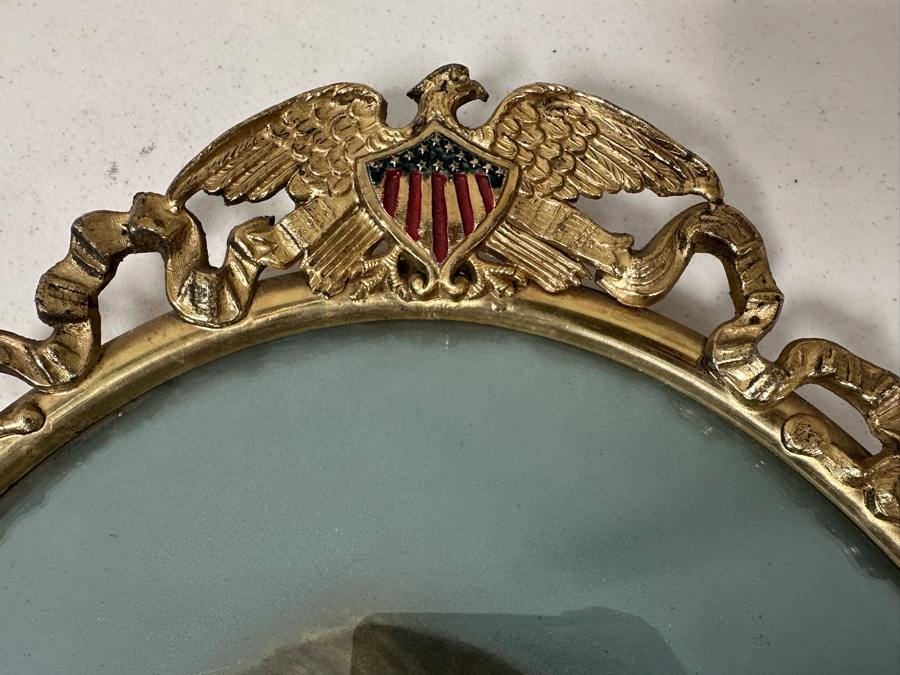 Just Added - Original World War I (WW1) Portrait Drawing Of A Military Soldier With Convex Glass Gilt Metal Frame Crowned By An American Eagle With Shield And Ribbon Motif 14W X 22H [Photo 5]