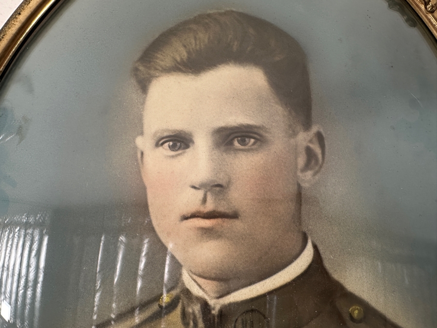 Just Added - Original World War I (WW1) Portrait Drawing Of A Military Soldier With Convex Glass Gilt Metal Frame Crowned By An American Eagle With Shield And Ribbon Motif 14W X 22H [Photo 2]