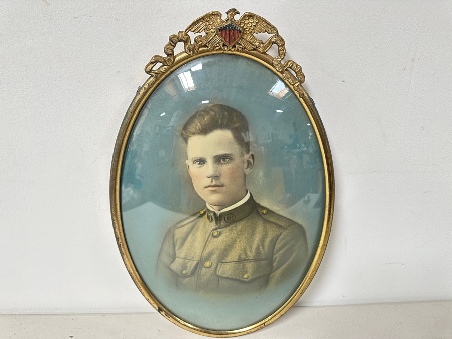 Just Added - Original World War I (WW1) Portrait Drawing Of A Military Soldier With Convex Glass Gilt Metal Frame Crowned By An American Eagle With Shield And Ribbon Motif 14W X 22H [Photo 8]