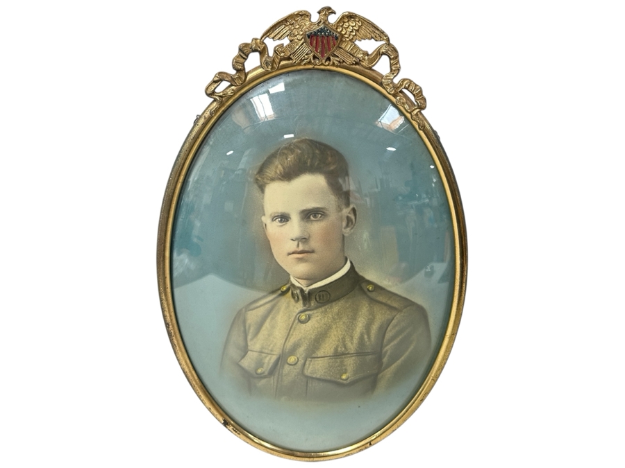 Just Added - Original World War I (WW1) Portrait Drawing Of A Military Soldier With Convex Glass Gilt Metal Frame Crowned By An American Eagle With Shield And Ribbon Motif 14W X 22H