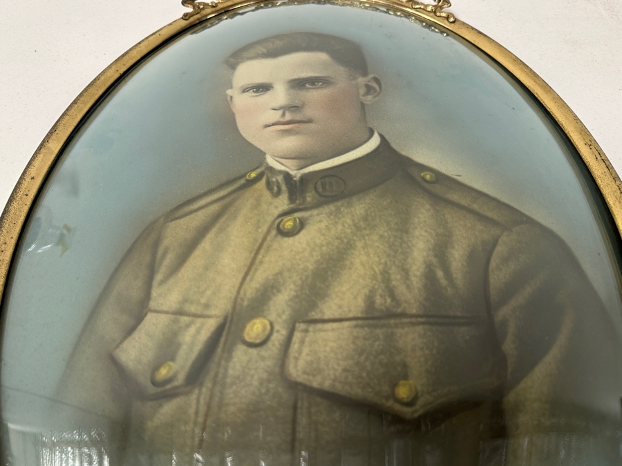 Just Added - Original World War I (WW1) Portrait Drawing Of A Military Soldier With Convex Glass Gilt Metal Frame Crowned By An American Eagle With Shield And Ribbon Motif 14W X 22H [Photo 7]