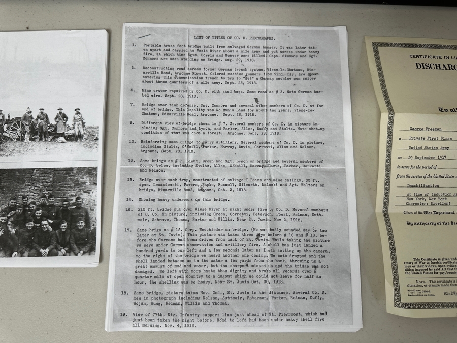 Just Added - Original World War I (WW1) Panoramic Portrait Of The United States Army Company D, 302nd Engineers 58' X 9' With Honorable Discharge Papers for Private First Class George Freeman And Photocopied Pictures of Various Bridges The Unit Built [Photo 27]