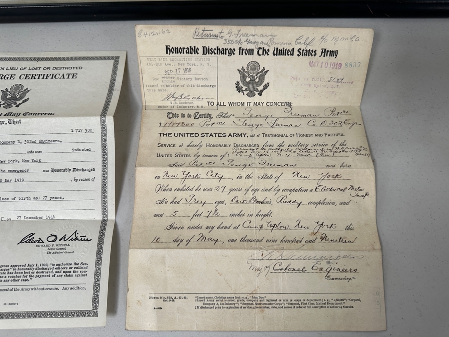 Just Added - Original World War I (WW1) Panoramic Portrait Of The United States Army Company D, 302nd Engineers 58' X 9' With Honorable Discharge Papers for Private First Class George Freeman And Photocopied Pictures of Various Bridges The Unit Built [Photo 23]