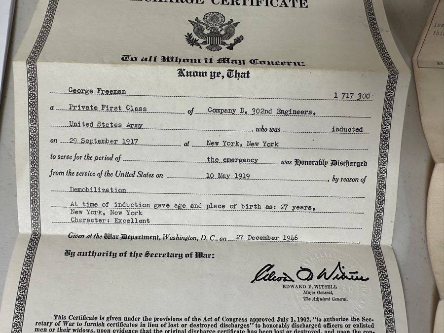 Just Added - Original World War I (WW1) Panoramic Portrait Of The United States Army Company D, 302nd Engineers 58' X 9' With Honorable Discharge Papers for Private First Class George Freeman And Photocopied Pictures of Various Bridges The Unit Built [Photo 26]