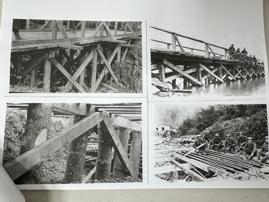 Just Added - Original World War I (WW1) Panoramic Portrait Of The United States Army Company D, 302nd Engineers 58' X 9' With Honorable Discharge Papers for Private First Class George Freeman And Photocopied Pictures of Various Bridges The Unit Built [Photo 35]