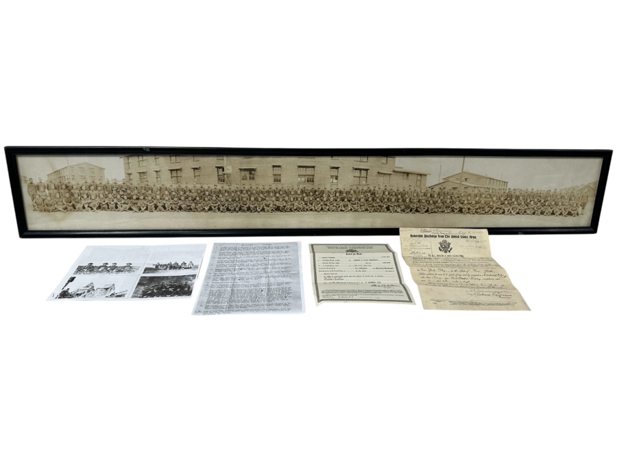 Just Added - Original World War I (WW1) Panoramic Portrait Of The United States Army Company D, 302nd Engineers 58' X 9' With Honorable Discharge Papers for Private First Class George Freeman And Photocopied Pictures of Various Bridges The Unit Built