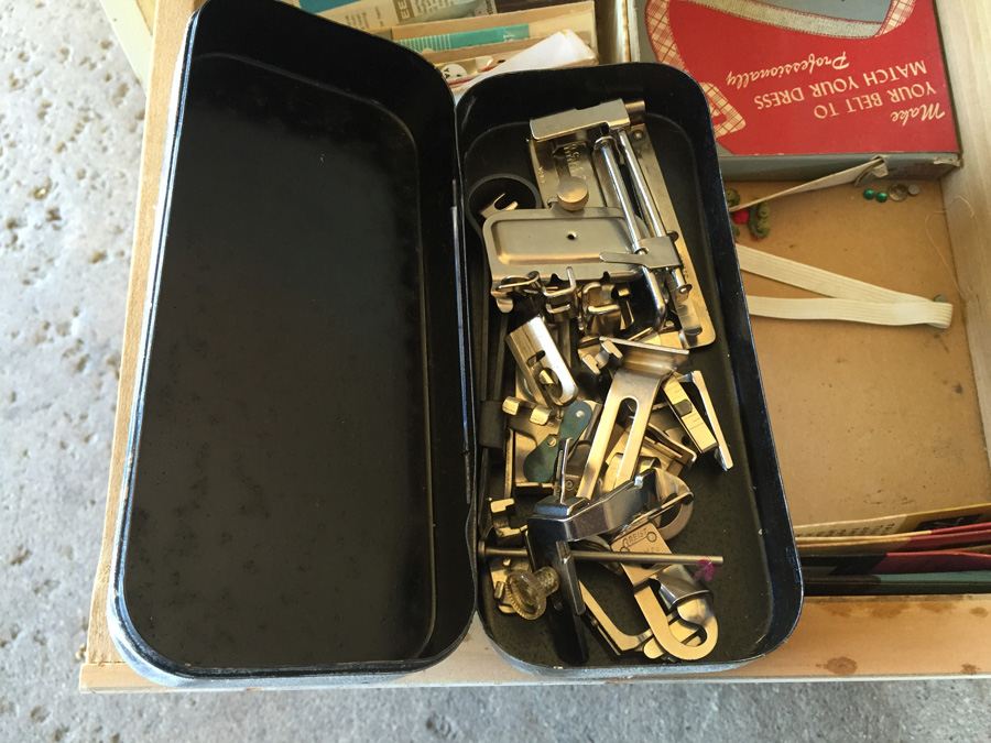 Vintage Pfaff 130 Industrial Sewing Machine and Cabinet With Built In Chair and Sewing Supplies [Photo 35]