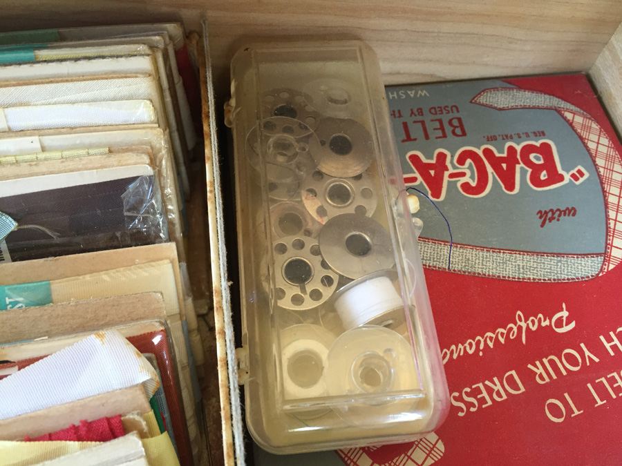 Vintage Pfaff 130 Industrial Sewing Machine and Cabinet With Built In Chair and Sewing Supplies [Photo 30]