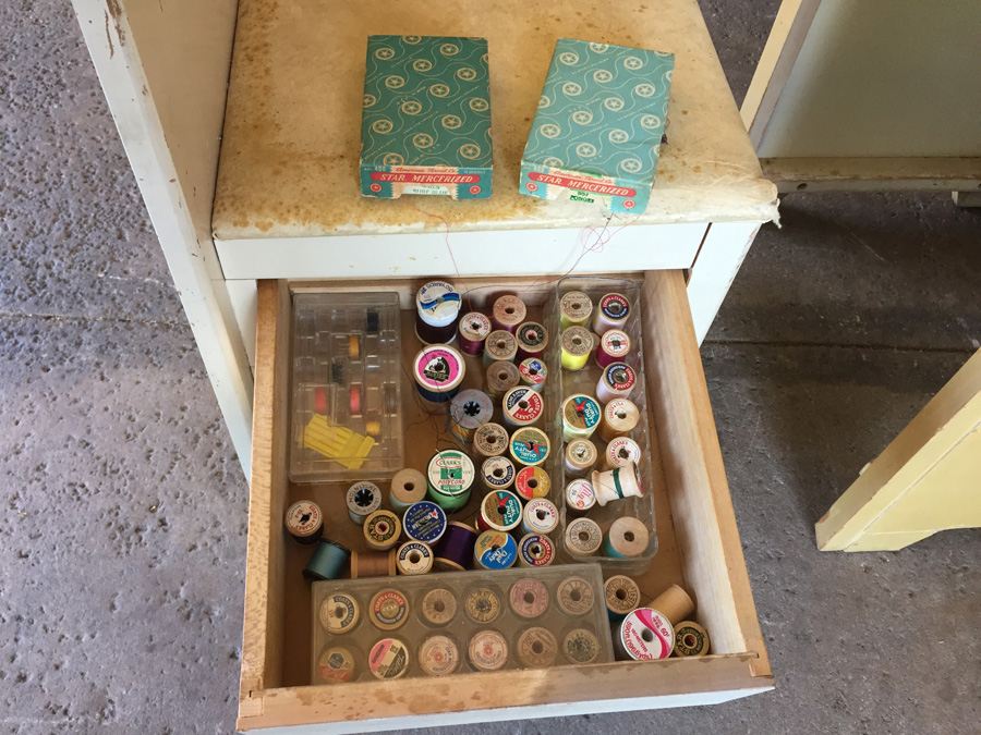 Vintage Pfaff 130 Industrial Sewing Machine and Cabinet With Built In Chair and Sewing Supplies [Photo 20]