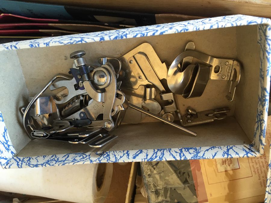 Vintage Pfaff 130 Industrial Sewing Machine and Cabinet With Built In Chair and Sewing Supplies [Photo 29]