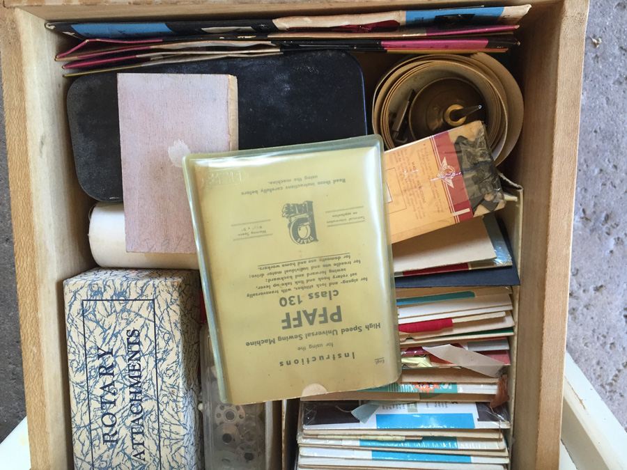 Vintage Pfaff 130 Industrial Sewing Machine and Cabinet With Built In Chair and Sewing Supplies [Photo 26]