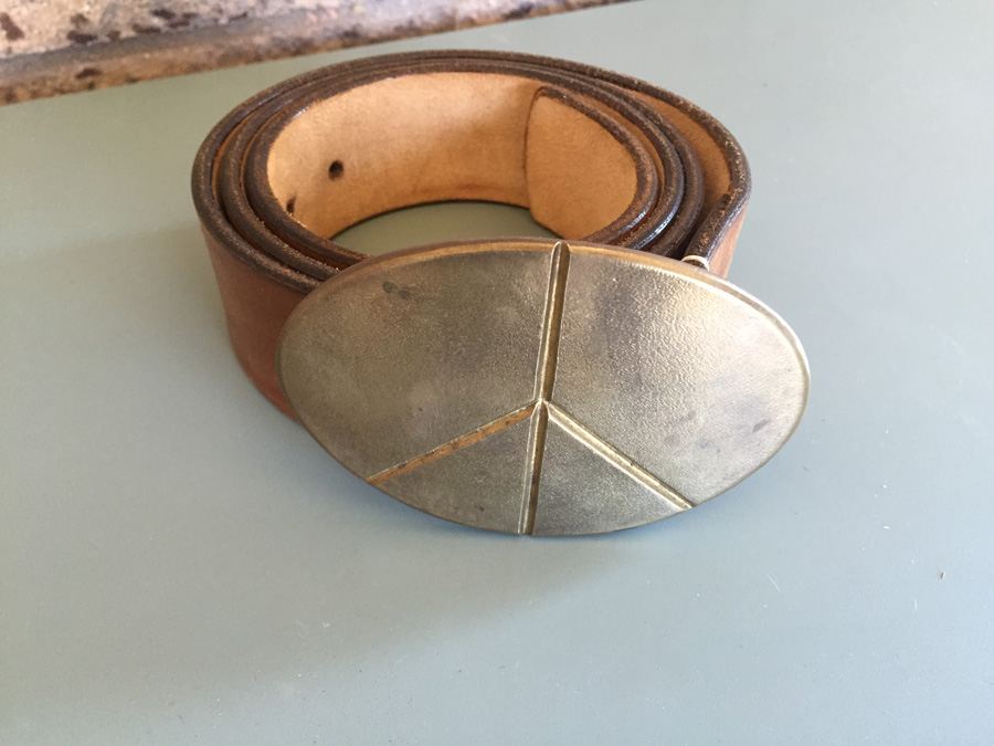 Brass Peace Belt Buckle with Leather Belt by Barbara Shaum New York