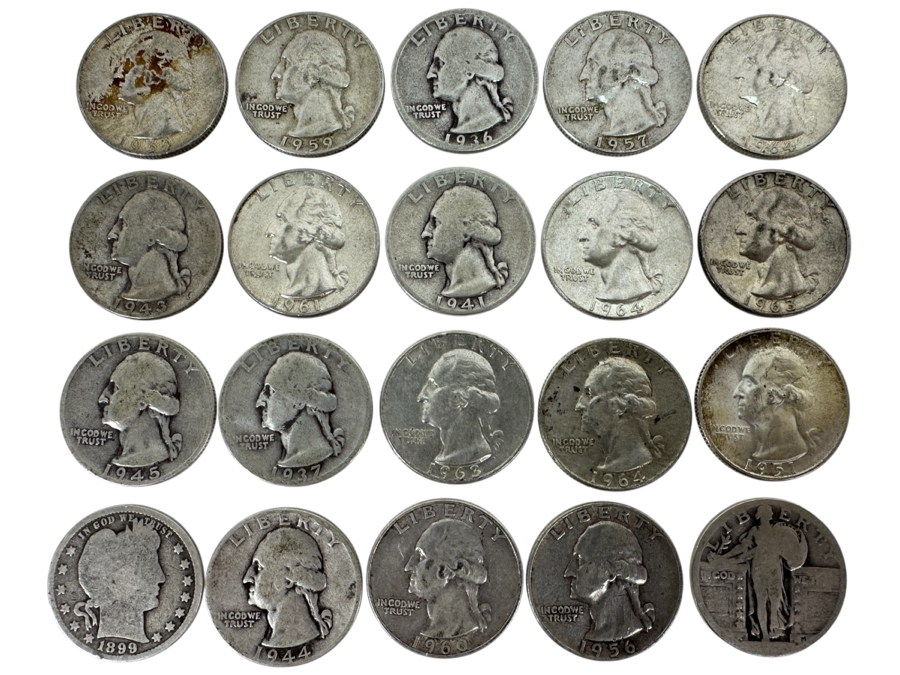 (20) Vintage Silver Quarters: (1) Barber Silver Quarter, (1) Standing Liberty Silver Quarter & (18) Washington Silver Quarters