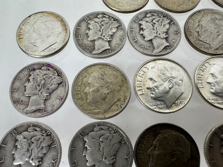 (27) Vintage Silver Dimes: (12) Mercury Head Silver Dimes, (15) Roosevelt Silver Dimes [Photo 6]
