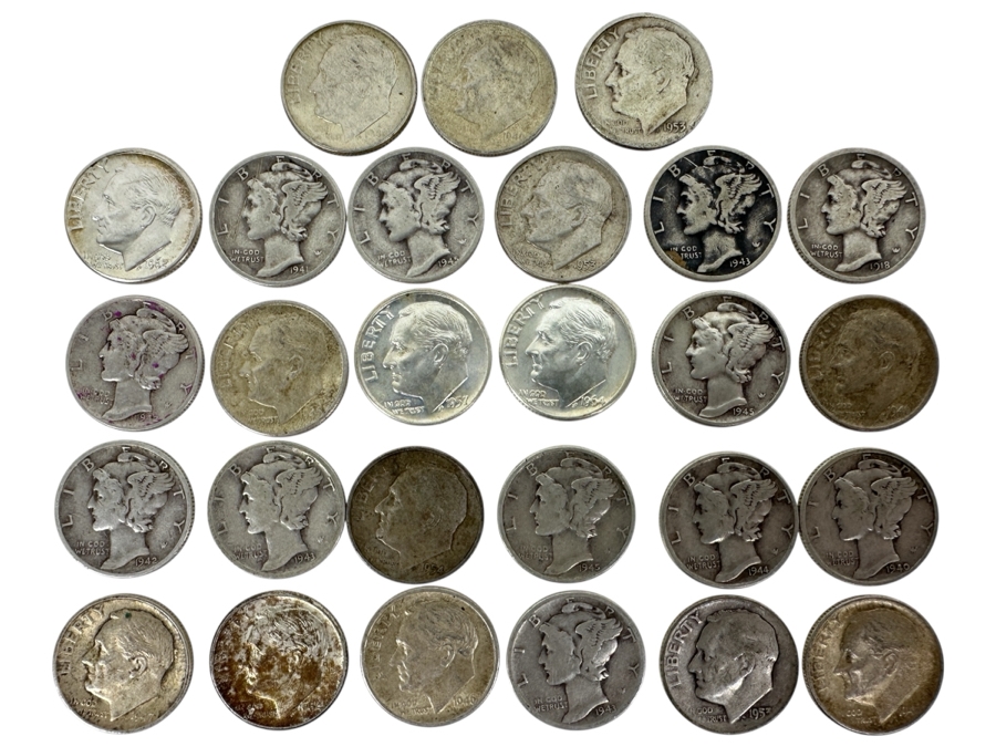 (27) Vintage Silver Dimes: (12) Mercury Head Silver Dimes, (15) Roosevelt Silver Dimes