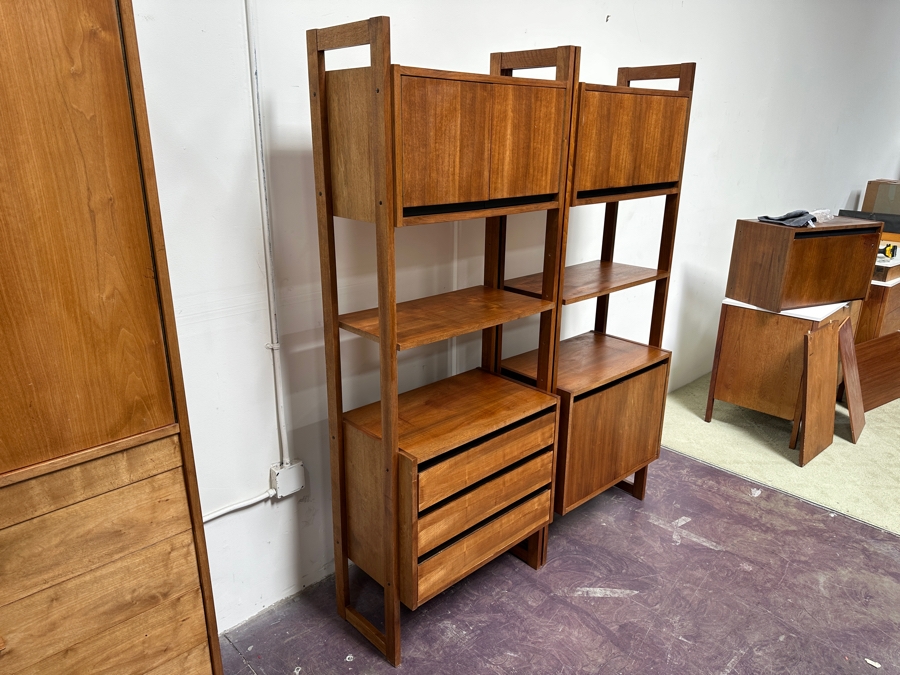 Pair Of Mid-Century Modern Walnut Modular Shelving Bookcases Bookshelves Cabinets With 3-Drawers Made In Yugoslavia 58.5'W X 16'D X 74.5'H [Photo 6]