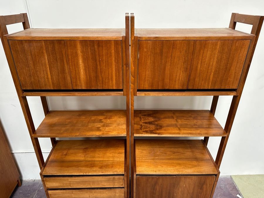 Pair Of Mid-Century Modern Walnut Modular Shelving Bookcases Bookshelves Cabinets With 3-Drawers Made In Yugoslavia 58.5'W X 16'D X 74.5'H [Photo 7]