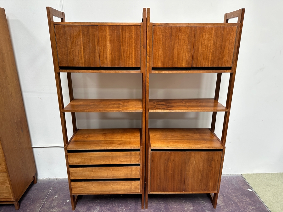 Pair Of Mid-Century Modern Walnut Modular Shelving Bookcases Bookshelves Cabinets With 3-Drawers Made In Yugoslavia 58.5'W X 16'D X 74.5'H [Photo 2]