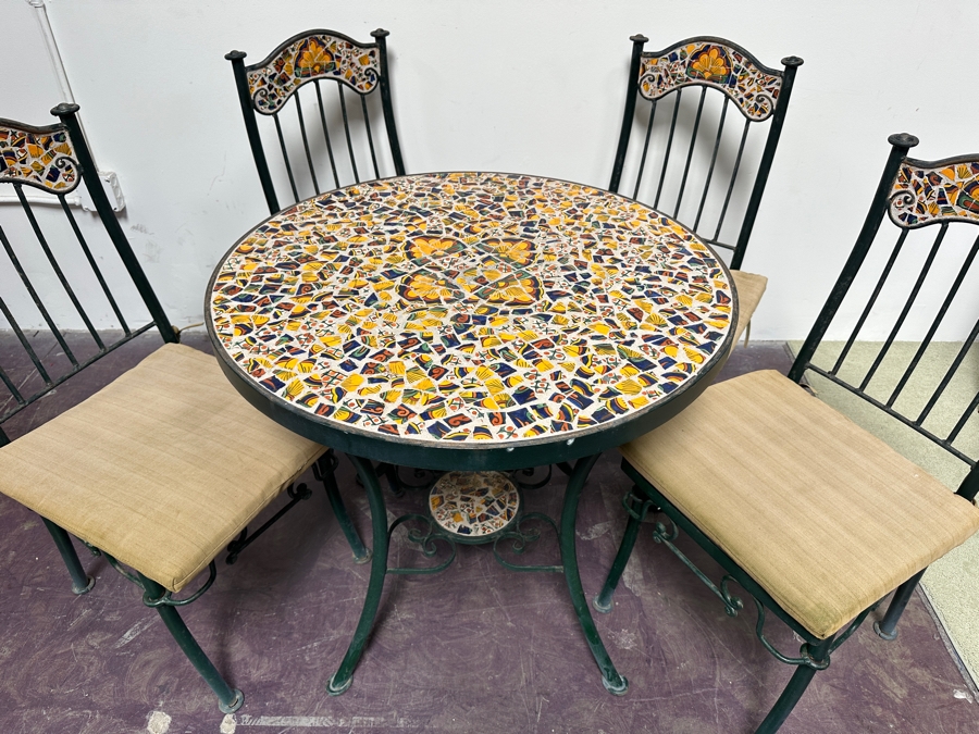 Stunning Wrought Iron Mosaic Tile Bistro Set With A 32' Round Table And Four Chairs [Photo 5]