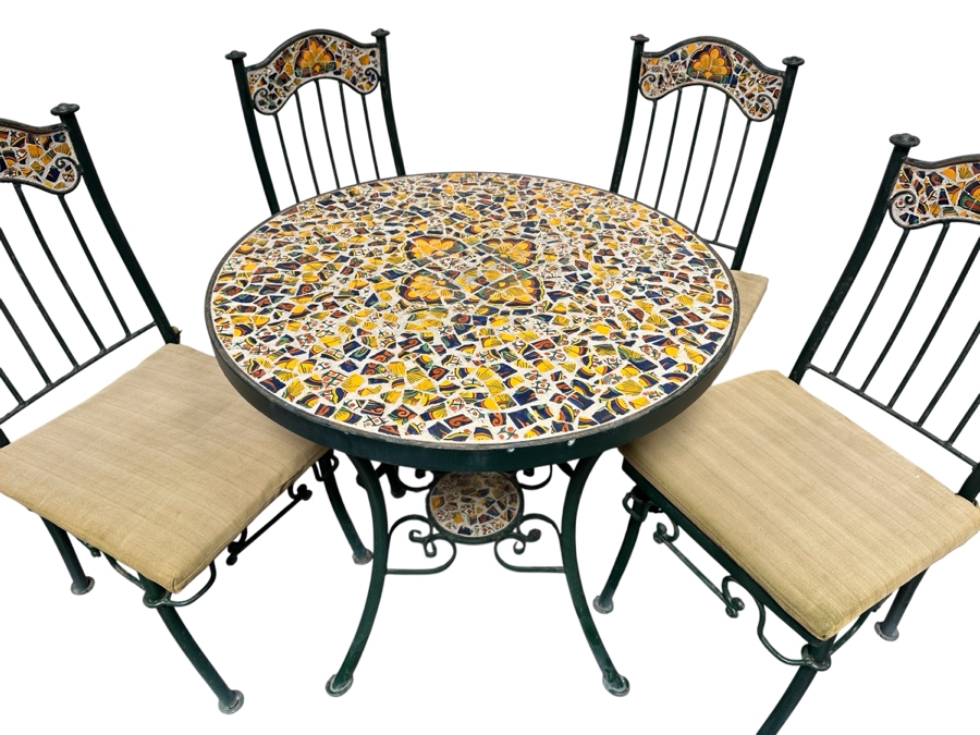Stunning Wrought Iron Mosaic Tile Bistro Set With A 32' Round Table And Four Chairs