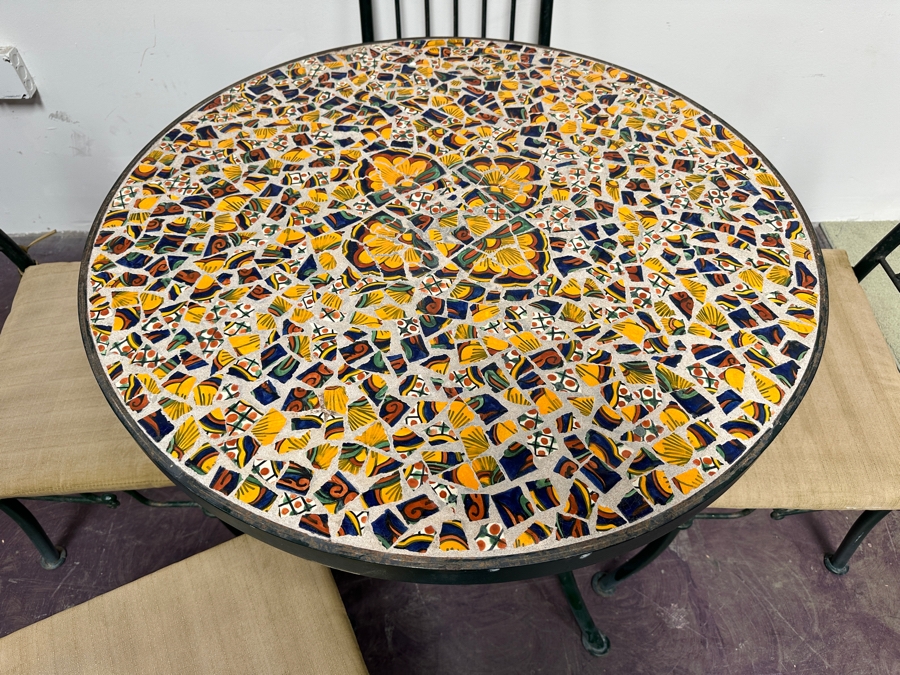Stunning Wrought Iron Mosaic Tile Bistro Set With A 32' Round Table And Four Chairs [Photo 3]