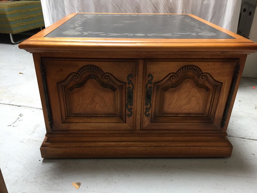 French In The Country Manner by Drexel Cabinet With Slate Top On Casters