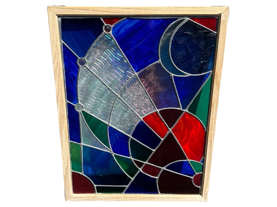 Modernist Stained Glass Window With Wooden Frame 20 X 26