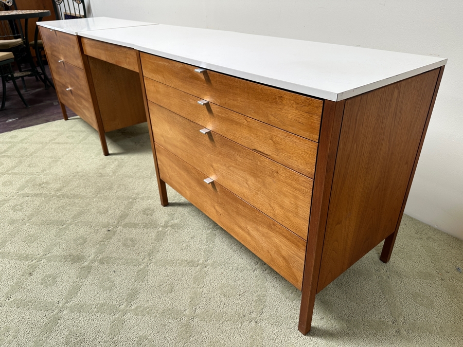 Florence Knoll Three-Piece Walnut Dresser And Vanity Set With Floating Desk - Period 1950's Mid-Century Modern Piece (Pair Of Dressers Can Be Separated) Each Dresser Is 36'W And Desk Is 28'W X 20'D X 29'H [Photo 5]