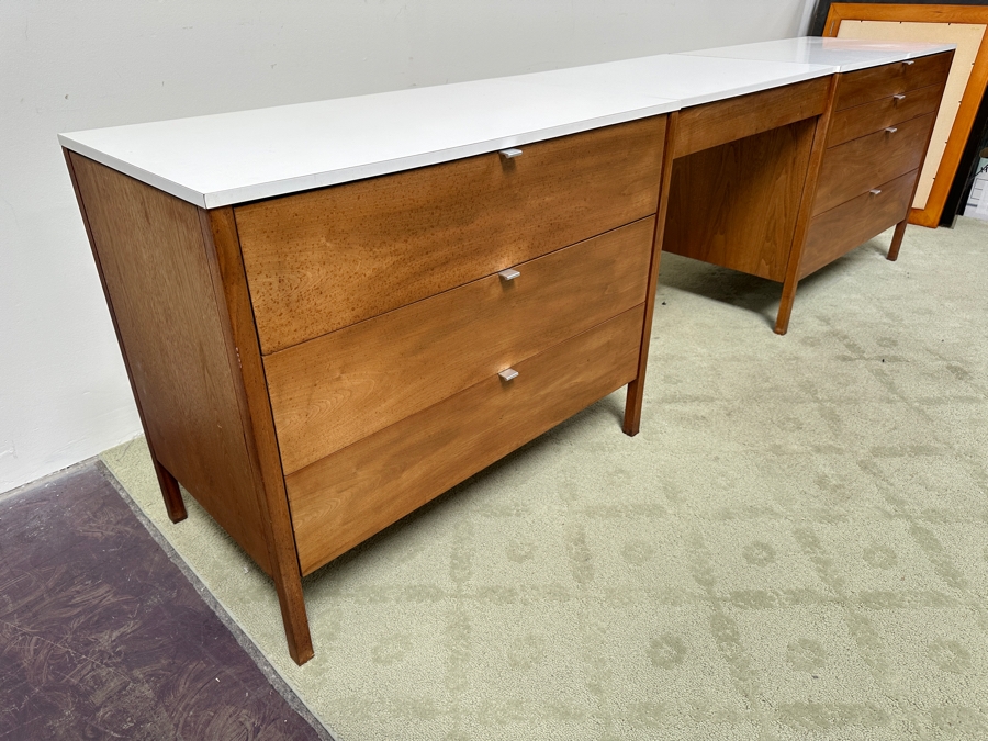 Florence Knoll Three-Piece Walnut Dresser And Vanity Set With Floating Desk - Period 1950's Mid-Century Modern Piece (Pair Of Dressers Can Be Separated) Each Dresser Is 36'W And Desk Is 28'W X 20'D X 29'H [Photo 12]
