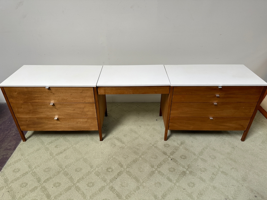 Florence Knoll Three-Piece Walnut Dresser And Vanity Set With Floating Desk - Period 1950's Mid-Century Modern Piece (Pair Of Dressers Can Be Separated) Each Dresser Is 36'W And Desk Is 28'W X 20'D X 29'H [Photo 3]
