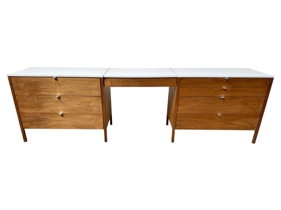 Florence Knoll Three-Piece Walnut Dresser And Vanity Set With Floating Desk - Period 1950's Mid-Century Modern Piece (Pair Of Dressers Can Be Separated) Each Dresser Is 36'W And Desk Is 28'W X 20'D X 29'H [Photo 2]