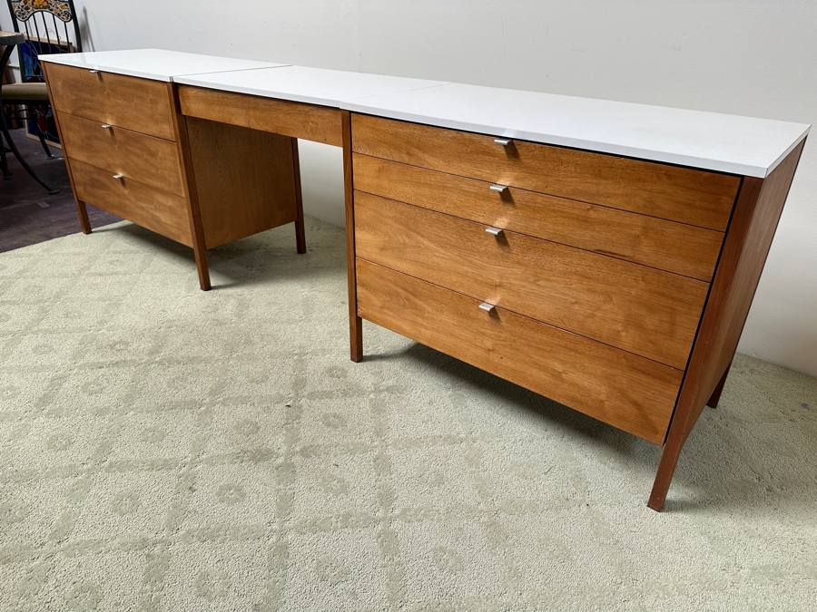 Florence Knoll Three-Piece Walnut Dresser And Vanity Set With Floating Desk - Period 1950's Mid-Century Modern Piece (Pair Of Dressers Can Be Separated) Each Dresser Is 36'W And Desk Is 28'W X 20'D X 29'H [Photo 6]