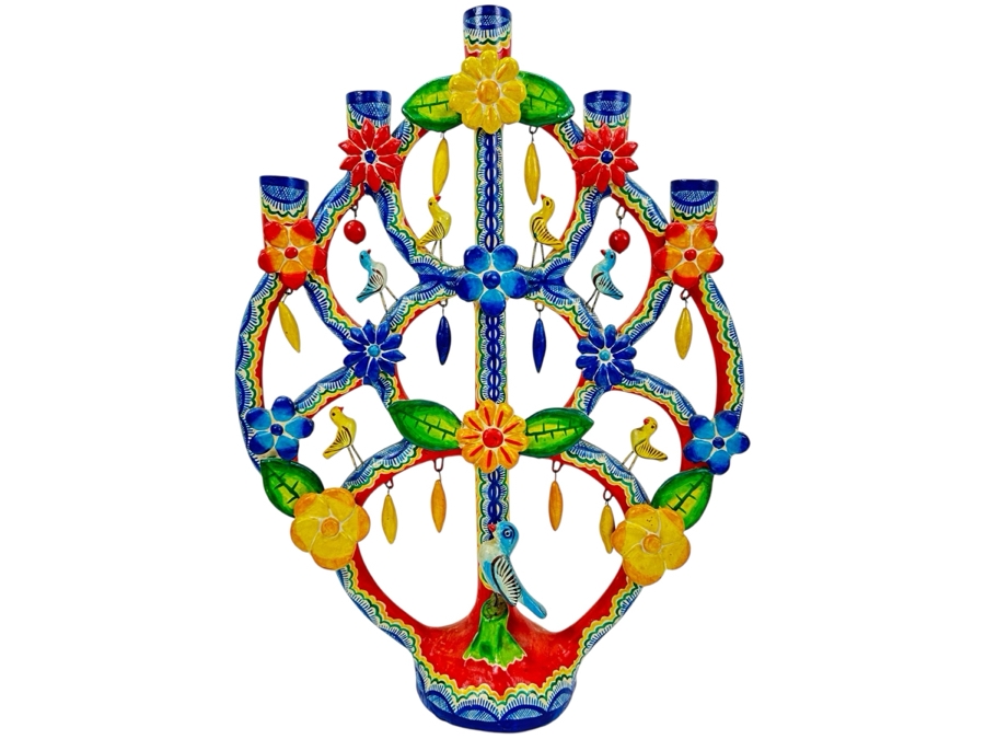 Mexican Folk Art Pottery Tree Of Life Candelabra 16W X 22H