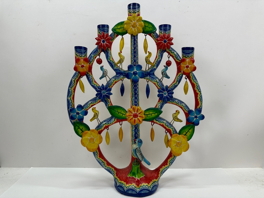 Mexican Folk Art Pottery Tree Of Life Candelabra 16W X 22H [Photo 8]